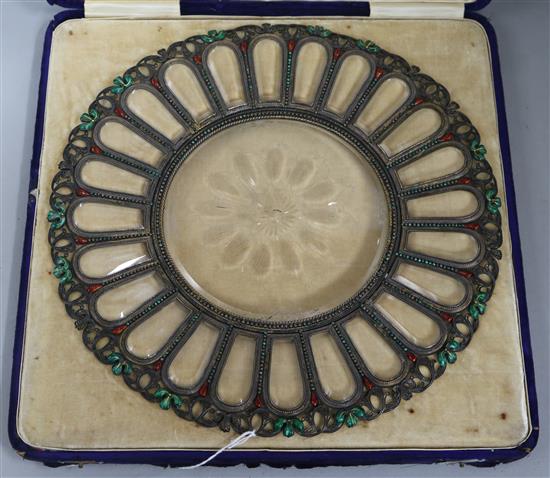 An Indian plate and enamel-mounted sectional glass dish in the form of a flower head